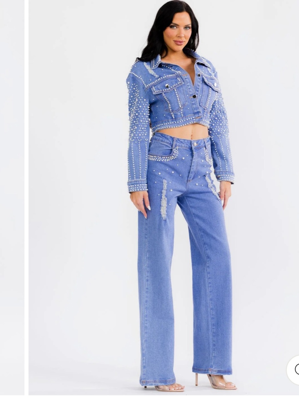 Pearl-Embellished Light Blue Wide-Leg Jeans & Matching Jacket...NWT - Picture 2 of 3